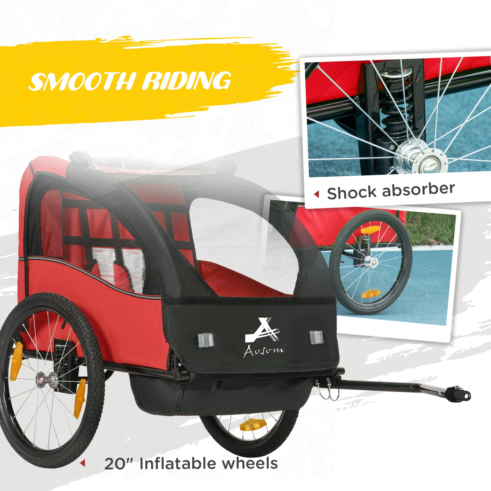Aosom 2 Seat Bike Trailer for Kids, Baby Stroller with Storage Bag, 5 Point Harness, Bicycle Trailer with 20" Wheels, Red