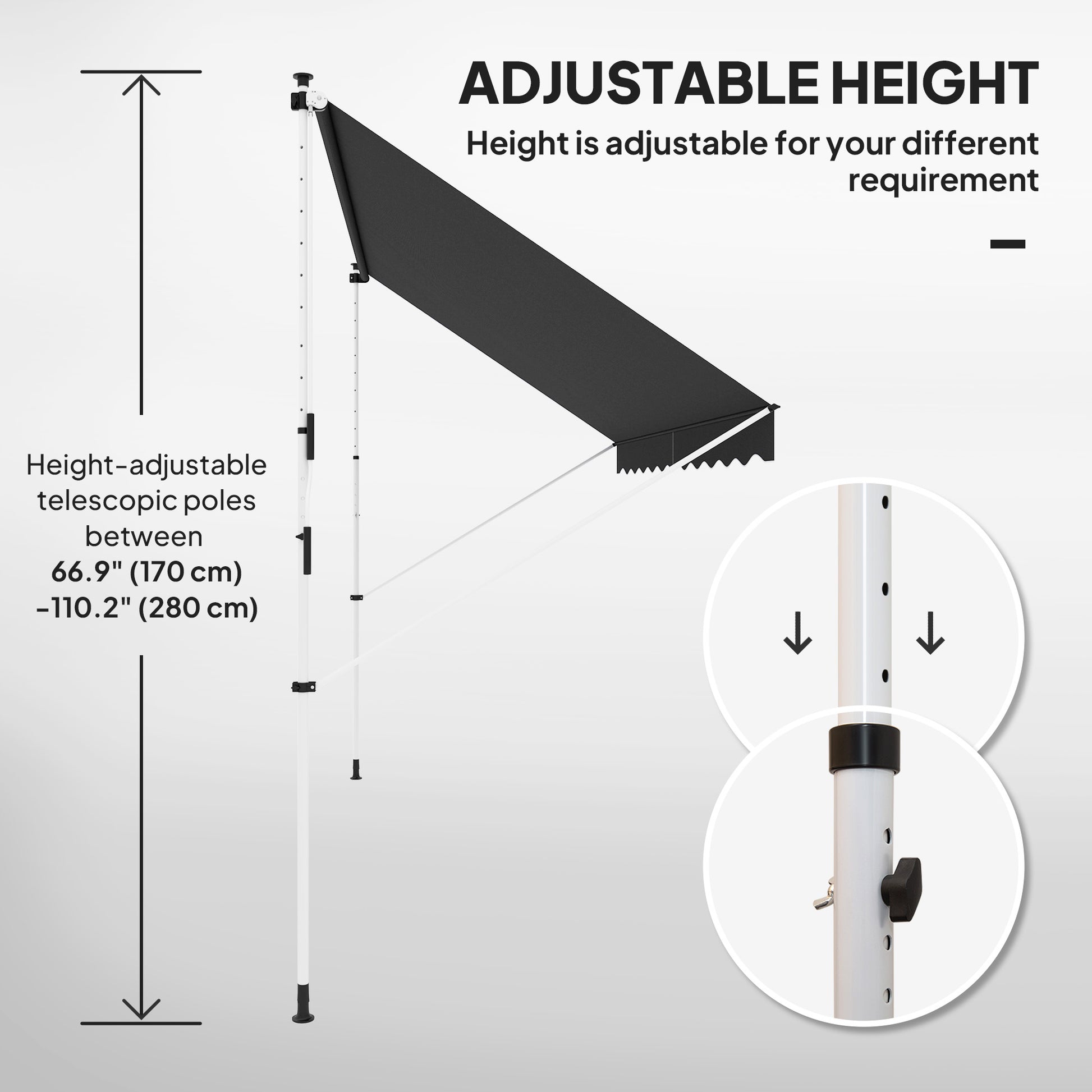 10x5ft Patio Sun Shade Canopy, Manual Retractable Awning with 5.6-9.2ft Support Pole for Window, Door, Porch, Black