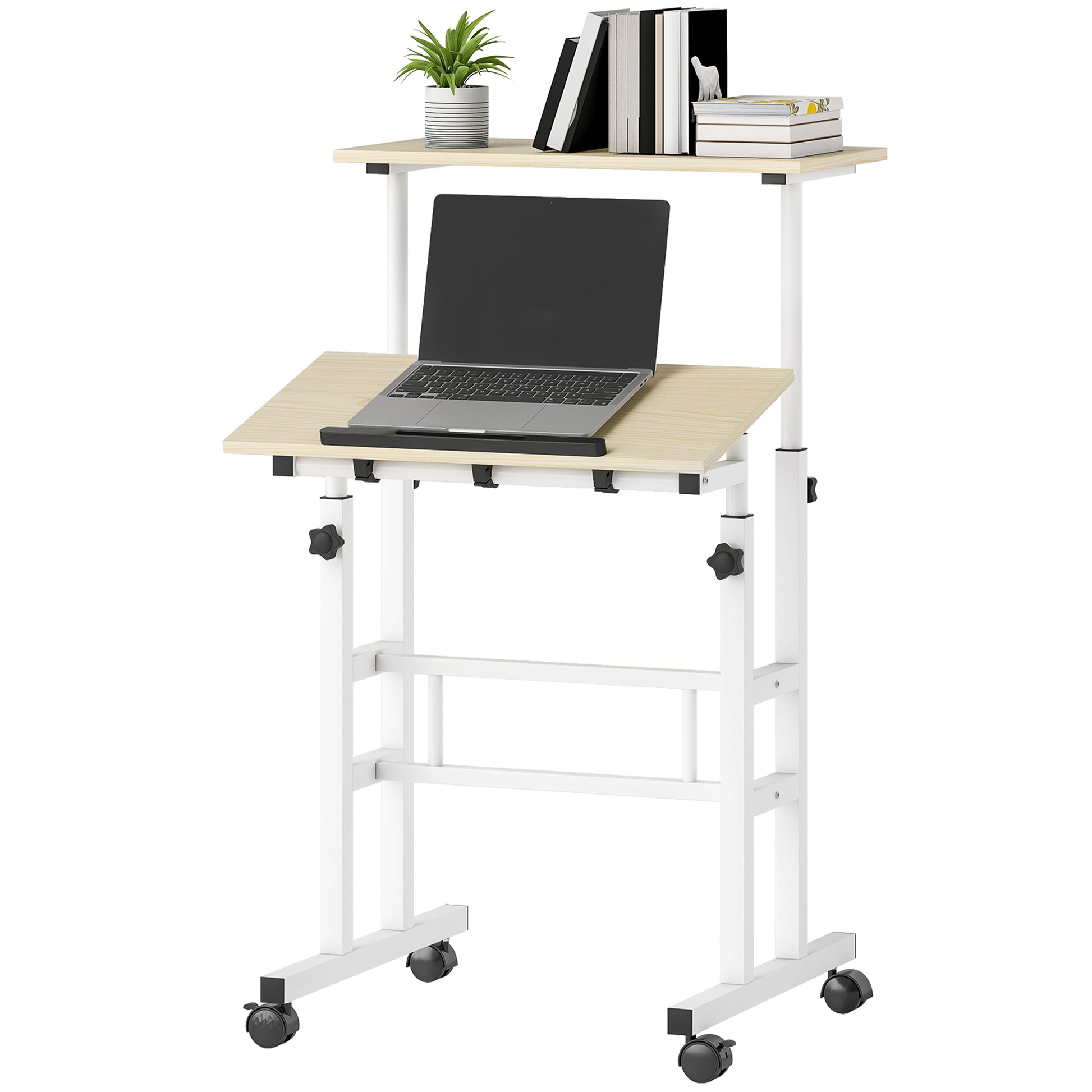 Stand Up Desk, Height & Angle Adjustable Computer Desk with Wheels for Standing or Sitting, Laptop Table, Natural
