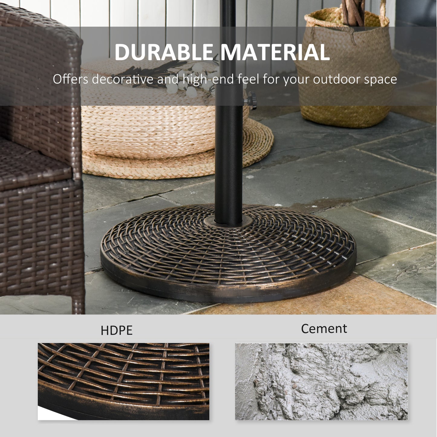 55 lbs Round Cement Patio Umbrella Base 21" Heavy Duty HDPE Parasol Umbrella Stand Holder with Rattan Design for Patio, Outdoor, Backyard, Bronze