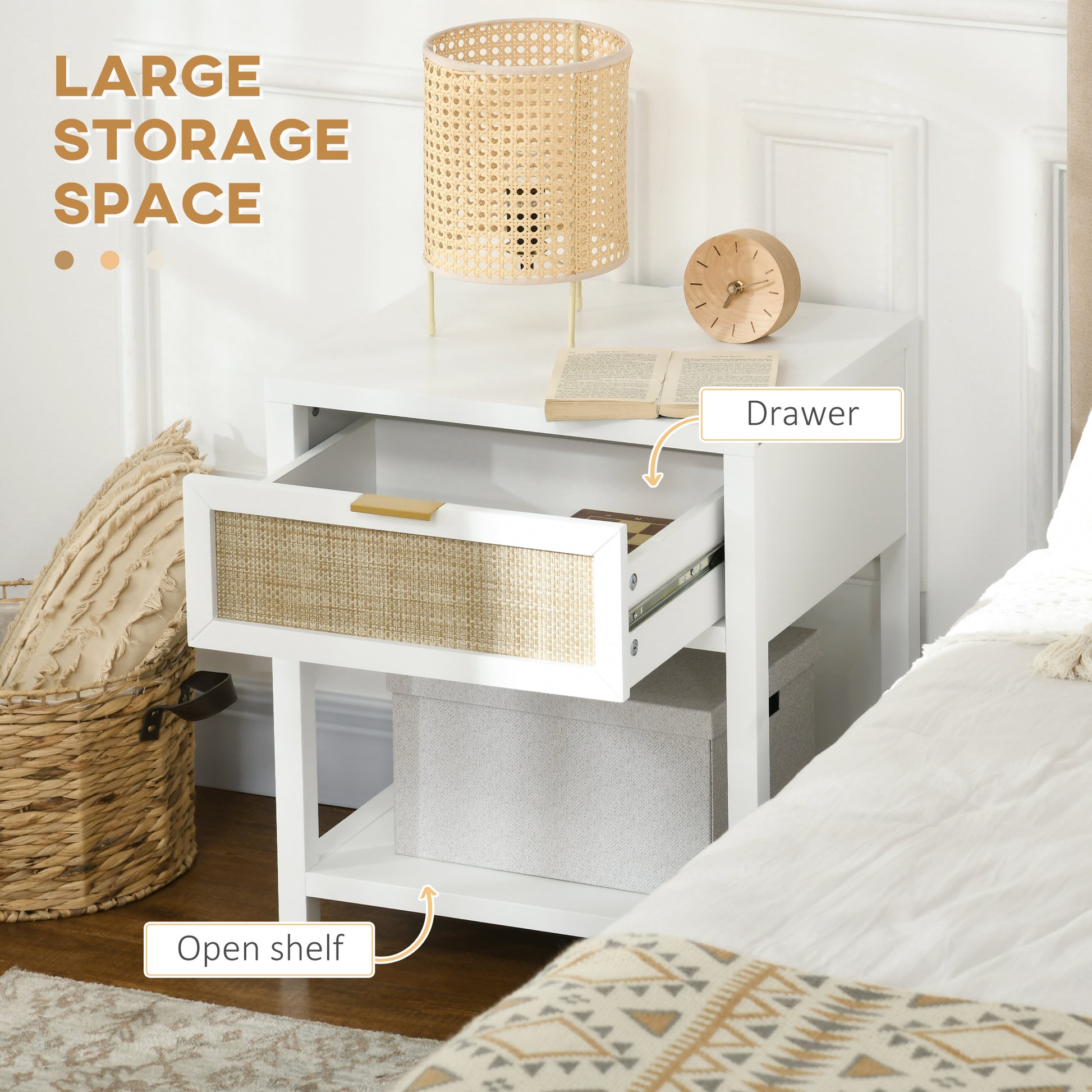 Boho Nightstand, Bedside Table with Rattan Drawer and Open Shelf, Side End Table for Bedroom, Living Room