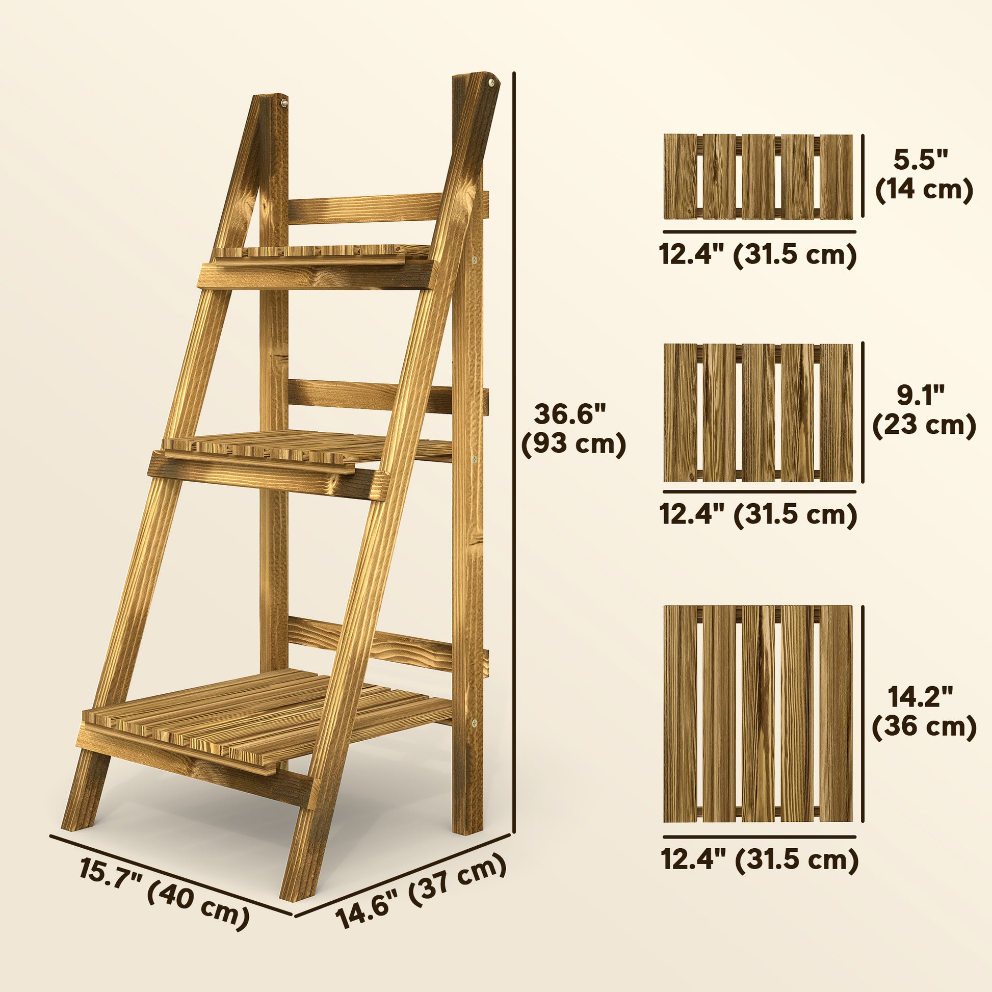 Outdoor Plant Stand, Foldable Flower Stand 3-Tier Wooden Plant Shelf for Garden Indoor Outdoor, 16" x 15" x 37"