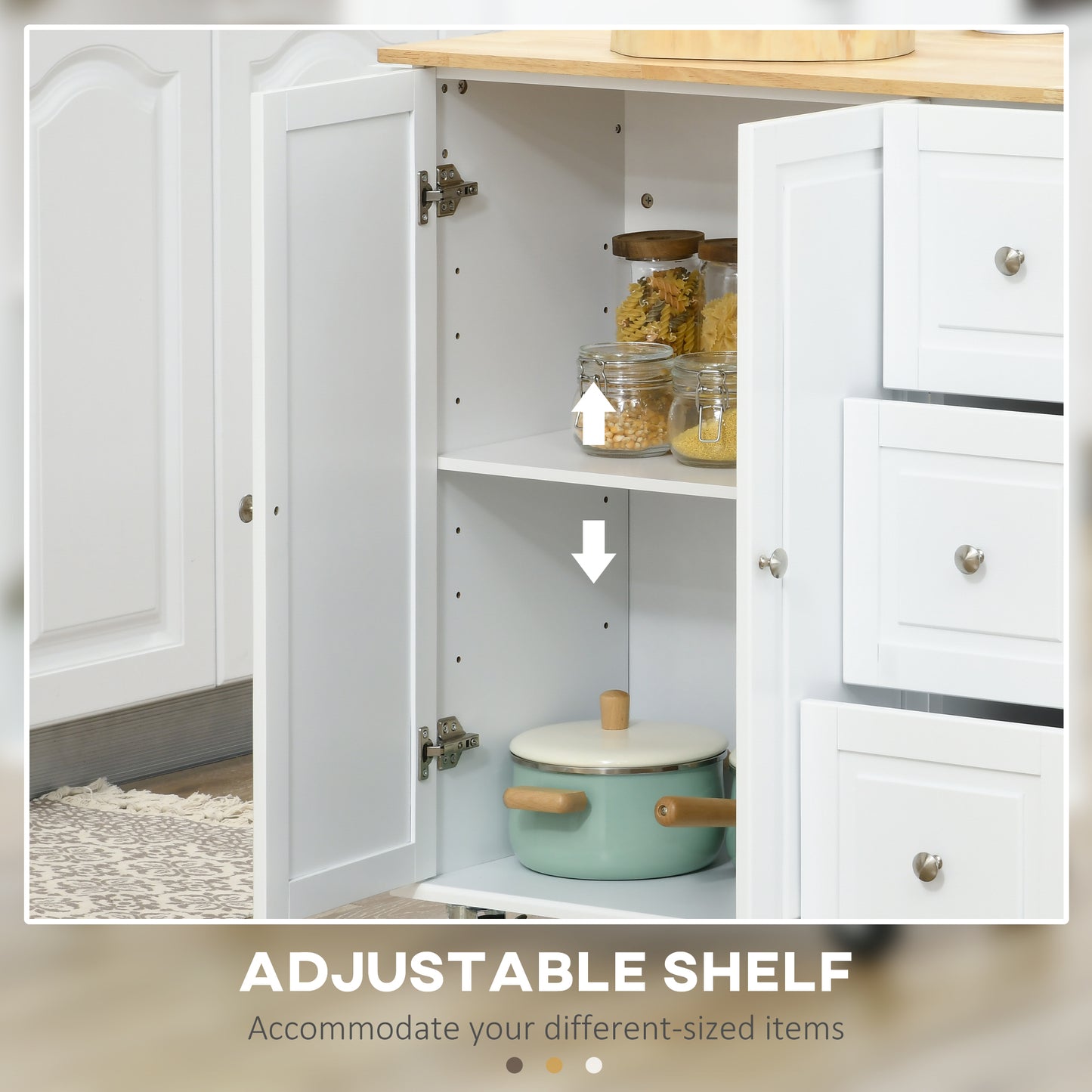 Kitchen Island on Wheels, Kitchen Cart with Drop Leaf, Drawers, Storage Racks, Rubberwood Top, White
