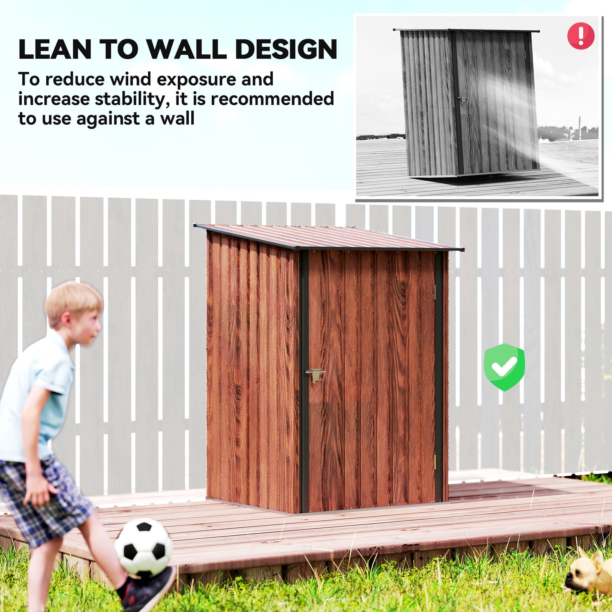 3.3' x 3.4' Lean-to Garden Storage Shed, Outdoor Galvanized Steel Tool House with Lockable Door for Patio, Teak