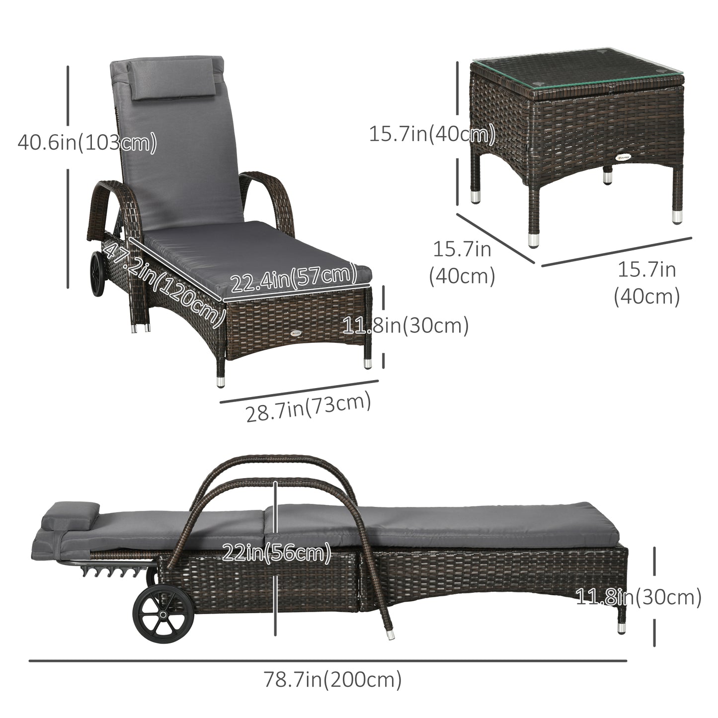 3 Pieces Wicker Patio Lounger Set with Table, PE Rattan Outdoor Lounge Chair Set with Cushions, Wheels, 5-Level Reclining Backrest, Headrest, Brown/Dark Grey