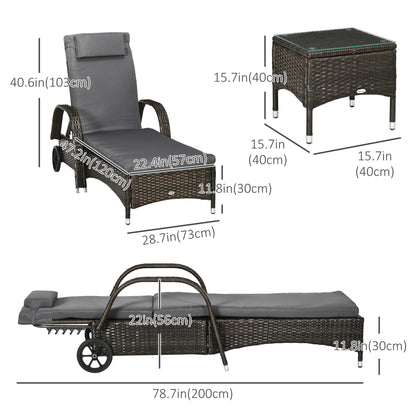 3 Pieces Wicker Patio Lounger Set with Table, PE Rattan Outdoor Lounge Chair Set with Cushions, Wheels, 5-Level Reclining Backrest, Headrest, Brown/Dark Grey