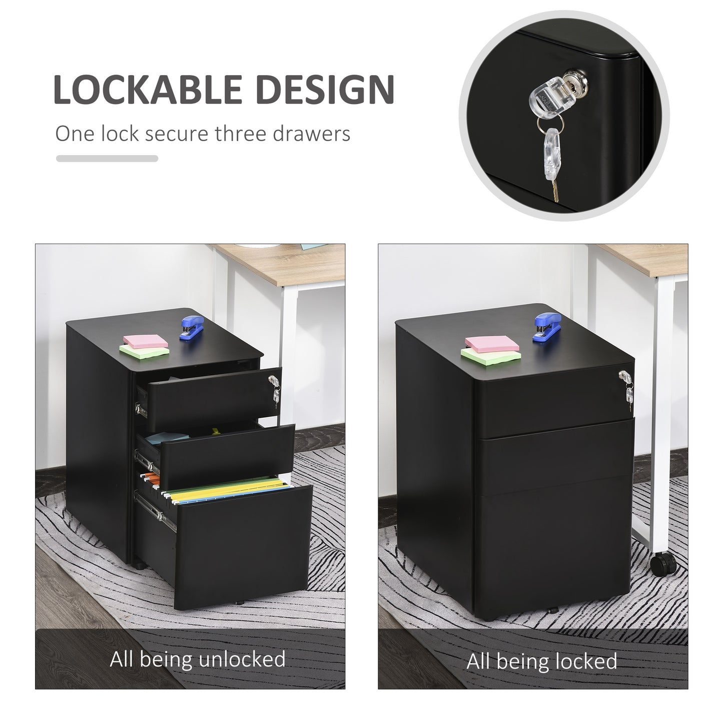 Metal Filing Cabinet 3 Drawer, Mobile Office Cabinet with Wheels for Legal, Letter, A4 File, Black