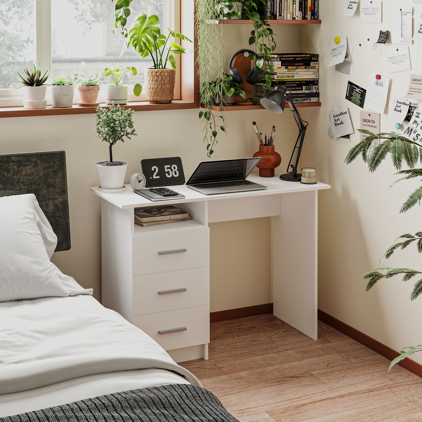 Computer Desk with Storage, 39" Home Office Desk with 3 Drawers nad Open Shelf, Writing Table for Bedroom, White