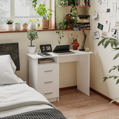 Computer Desk with Storage, 39" Home Office Desk with 3 Drawers nad Open Shelf, Writing Table for Bedroom, White