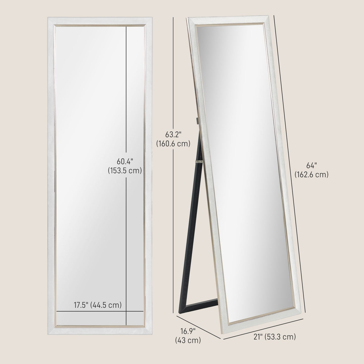 Floor Standing Mirror, Full Body Mirror, Free Standing, Leaning or Wall Mirror with Frame for Bedroom, White