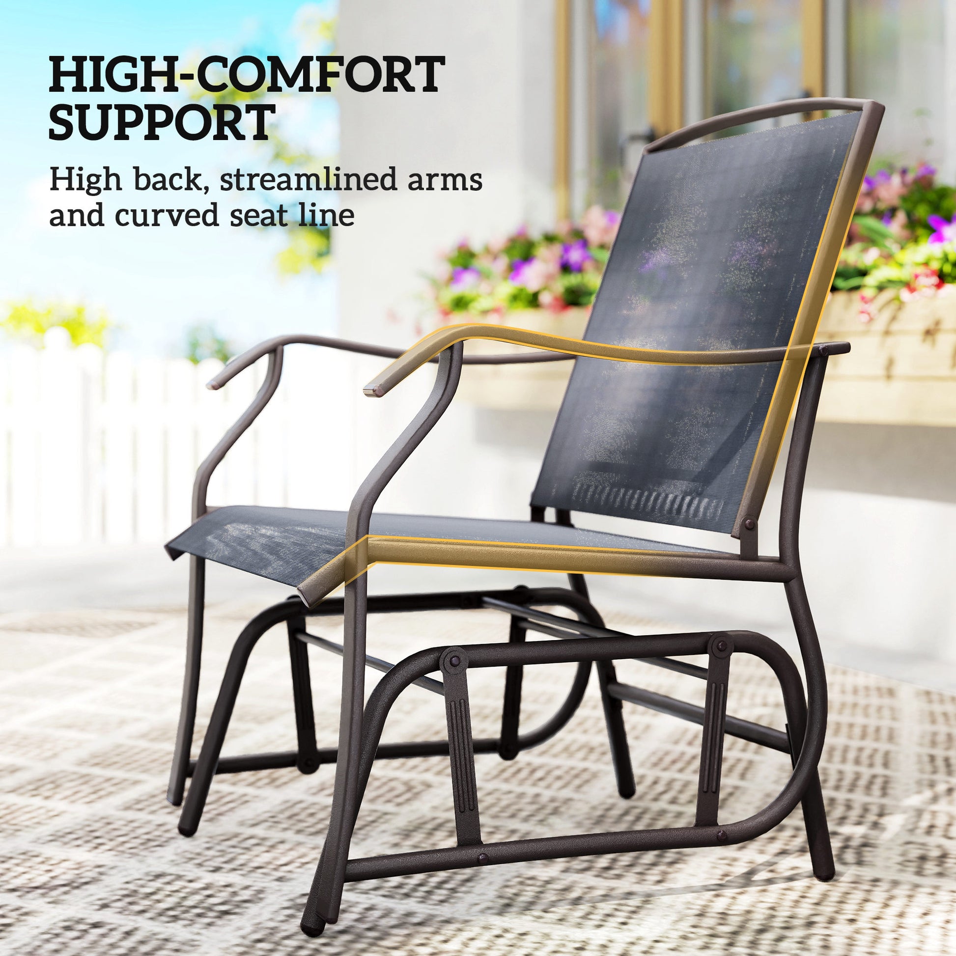 3 Piece Patio Glider Set Outdoor Gliders with Breathable Mesh Seat, Glass Top Table for Garden, Yard, Grey