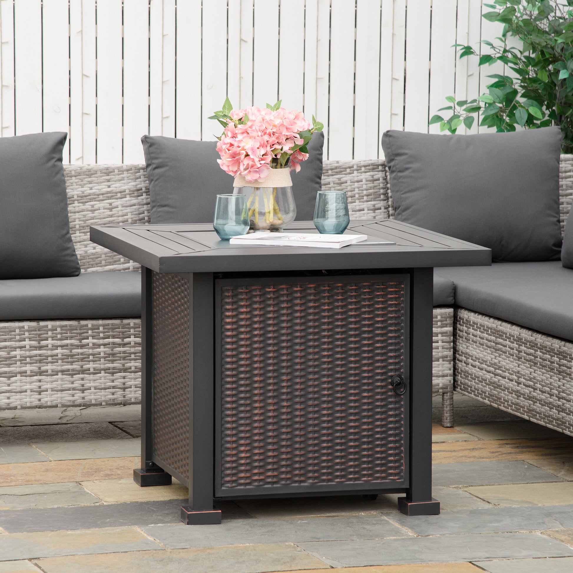 32" Propane Gas Fire Pit Table, 50,000 BTU Square Patio Table with Fire Pit, Wind Guard, Lid, CSA Certified, Black