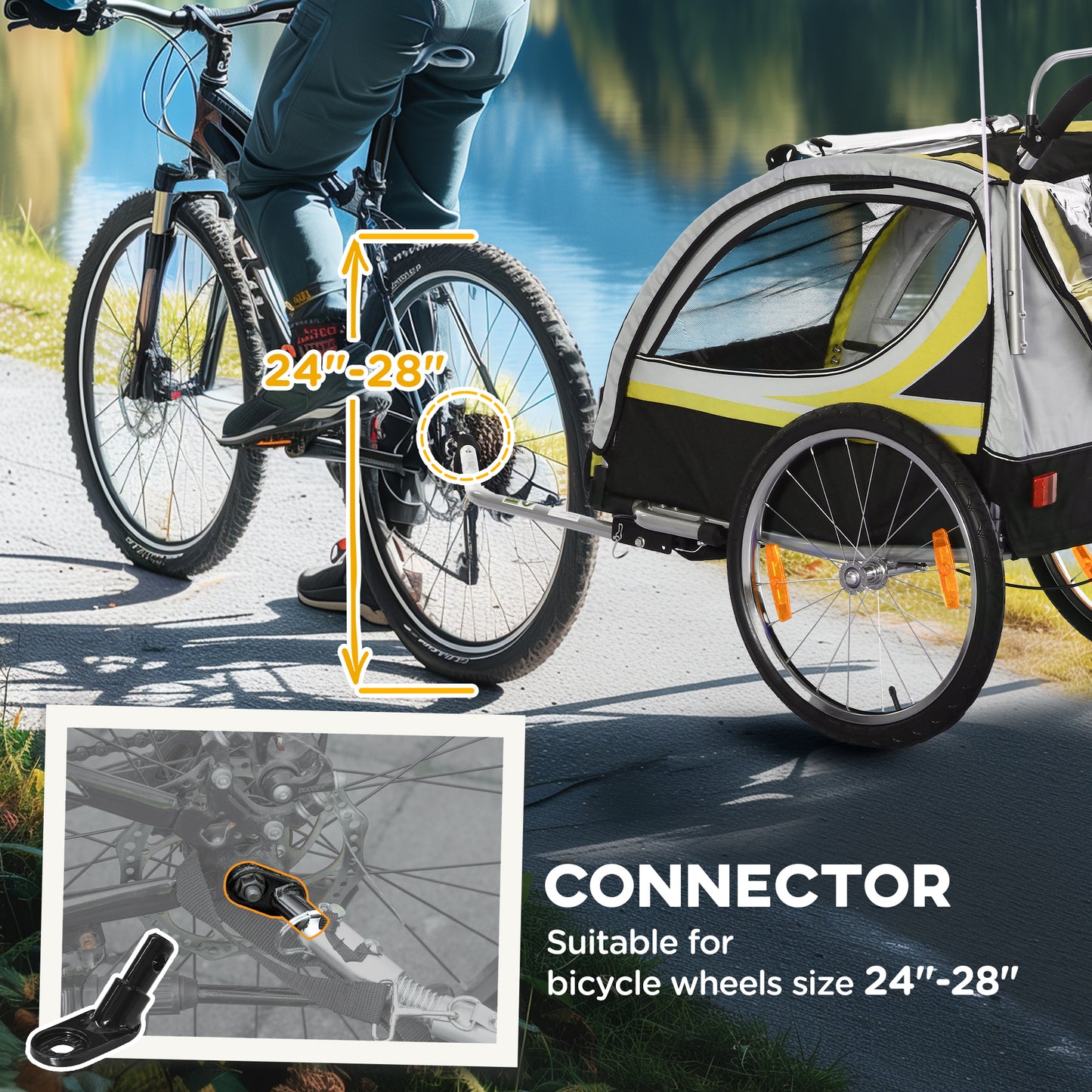Aosom 2 Seat Bike Trailer for Kids 2-in-1 Double Baby Stroller with Handbrake, Rubber Wheels, 5 Point Harness, Waterproof Cover, Storage Bag, Reflectors, Yellow