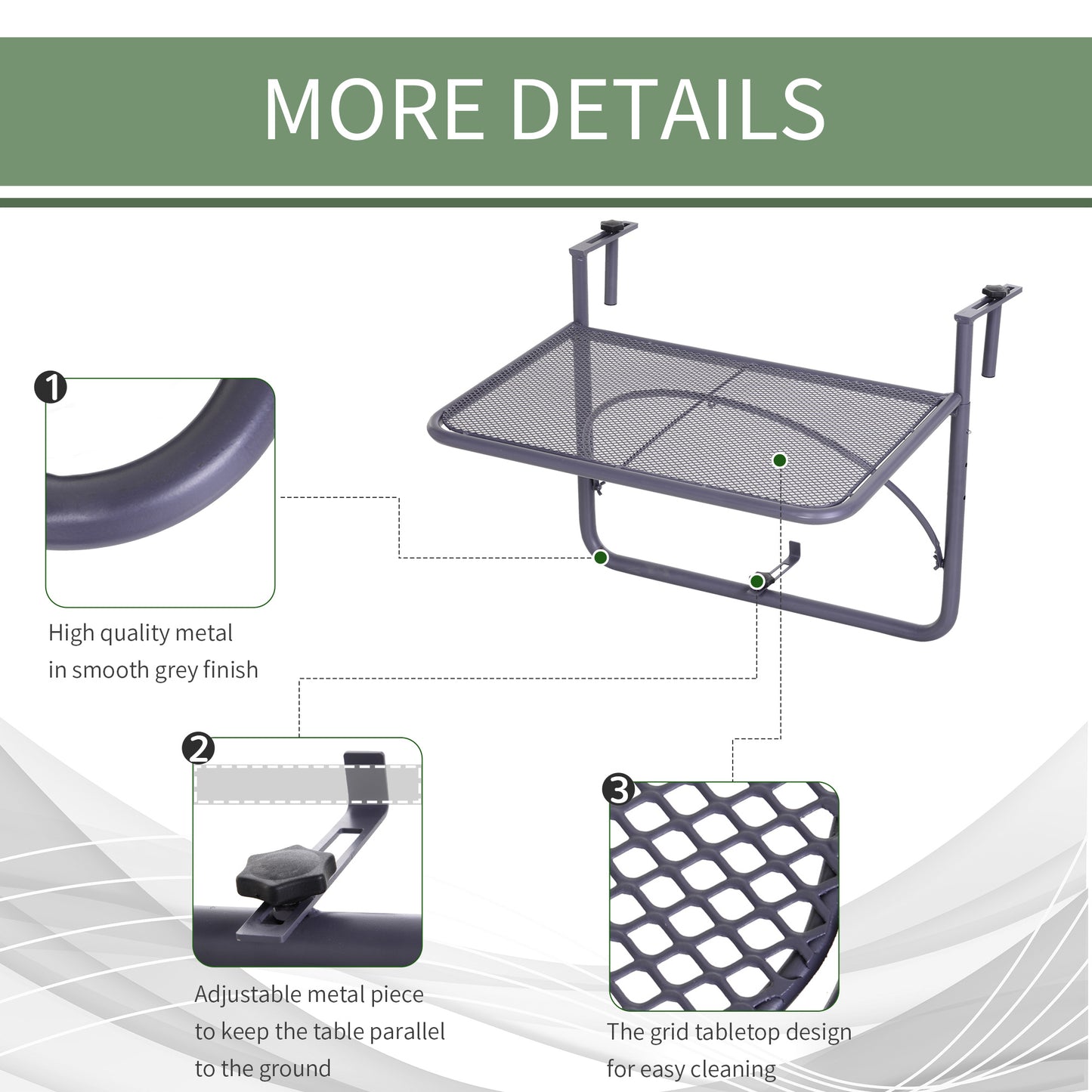 Adjustable Balcony Hanging Railing Table, Metal Mounting Mini Wall Desk Storage Rack, Outdoor Flower Stand Serving Table Rectangle, Grey