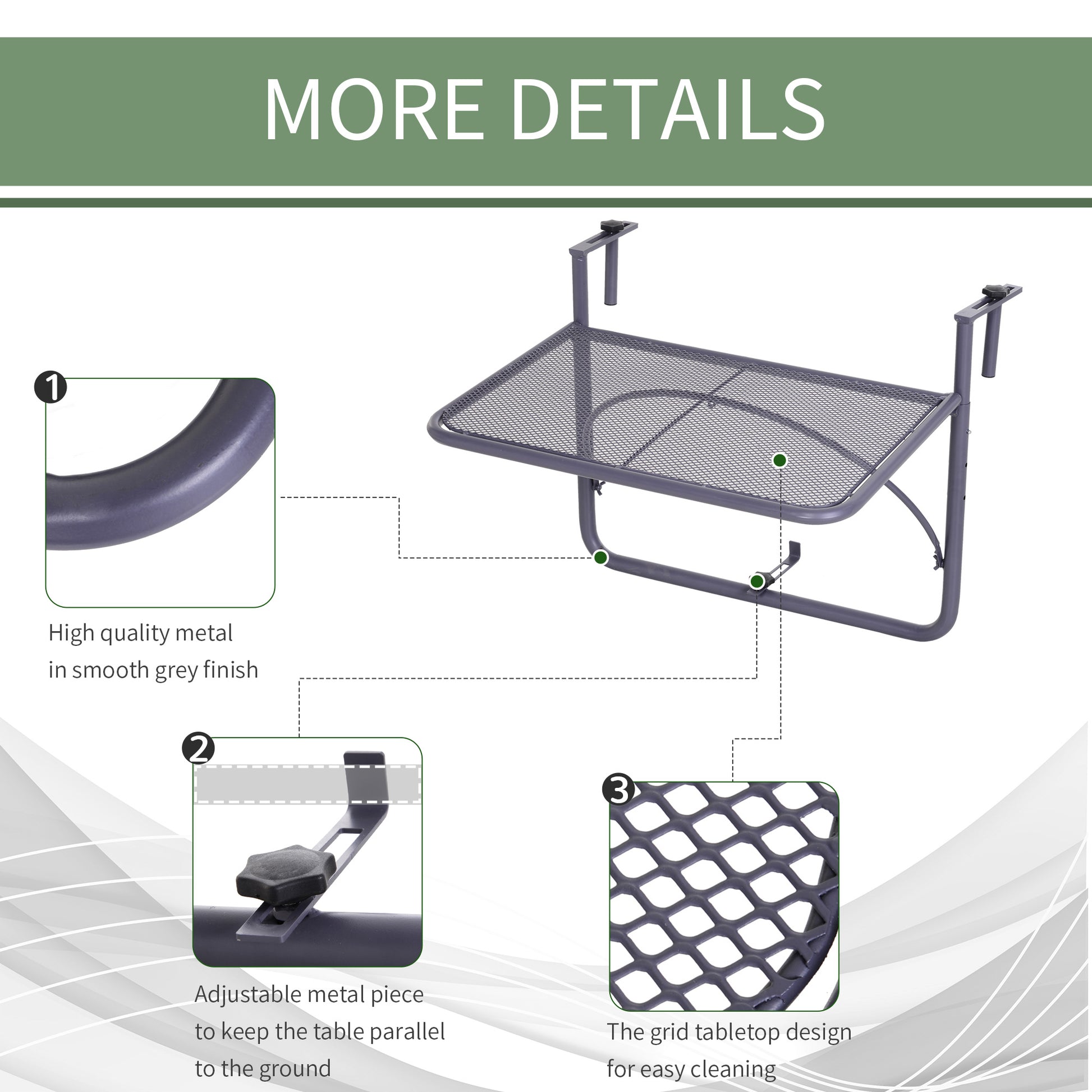 Adjustable Balcony Hanging Railing Table, Metal Mounting Mini Wall Desk Storage Rack, Outdoor Flower Stand Serving Table Rectangle, Grey