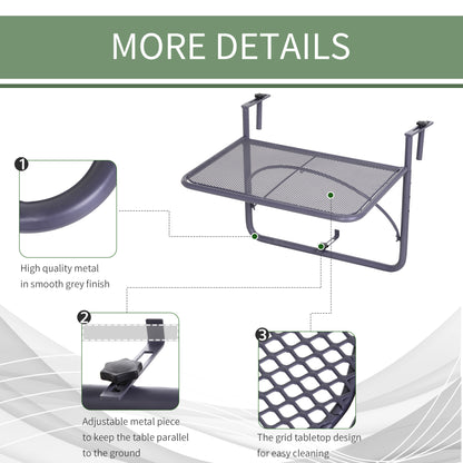 Adjustable Balcony Hanging Railing Table, Metal Mounting Mini Wall Desk Storage Rack, Outdoor Flower Stand Serving Table Rectangle, Grey