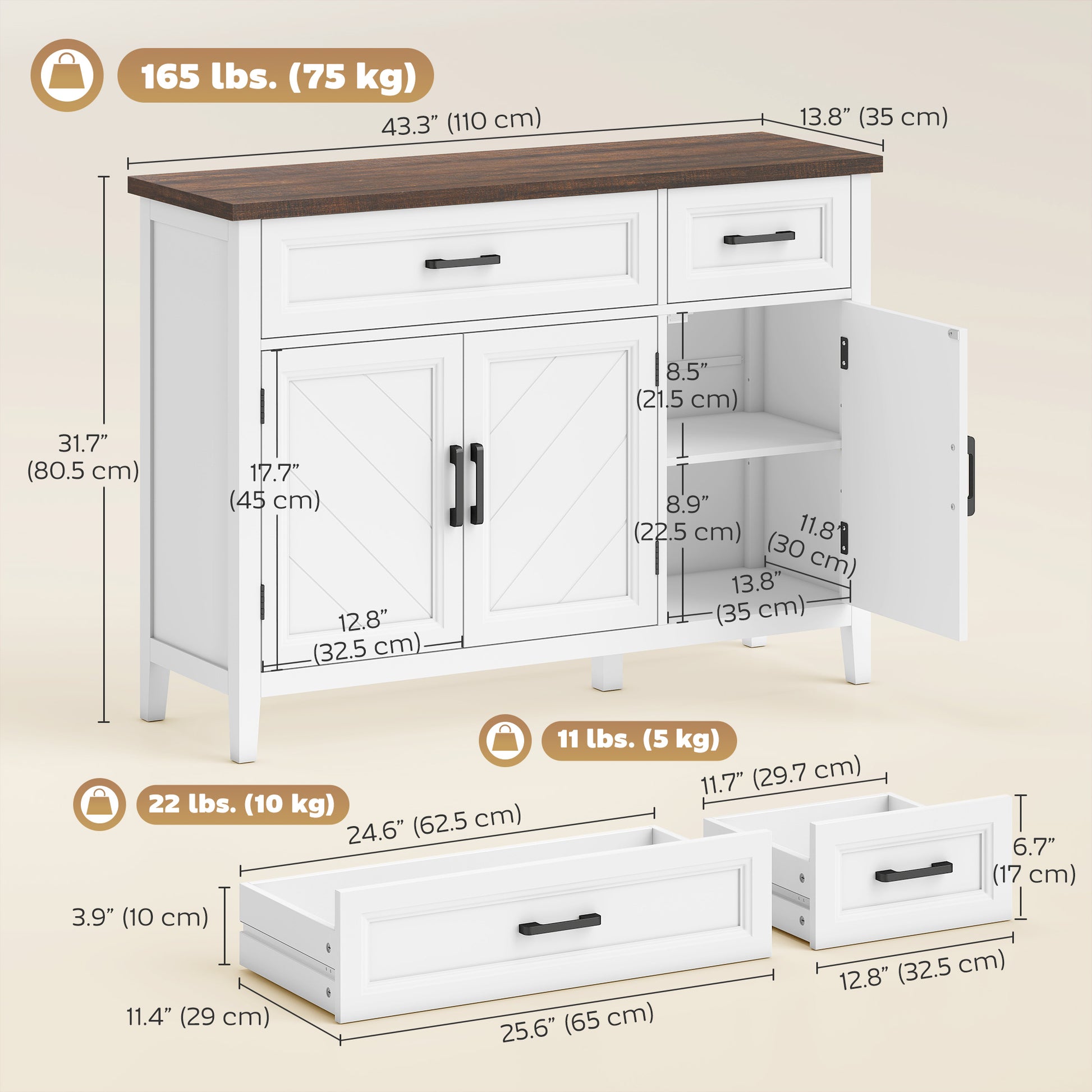 Sideboard Buffet Cabinet, 44" Farmhouse Kitchen Cabinet with 3 Chevron Doors, 2 Drawers and 2 Adjustable Shelves, White