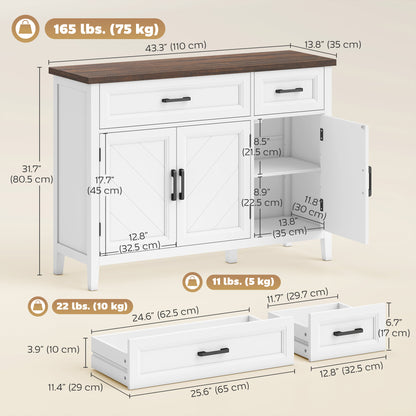 Sideboard Buffet Cabinet, 44" Farmhouse Kitchen Cabinet with 3 Chevron Doors, 2 Drawers and 2 Adjustable Shelves, White