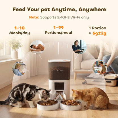 Automatic Cat Feeder for 2 Cats, 2.4G WiFi Pet Food Dispenser 6L APP Control