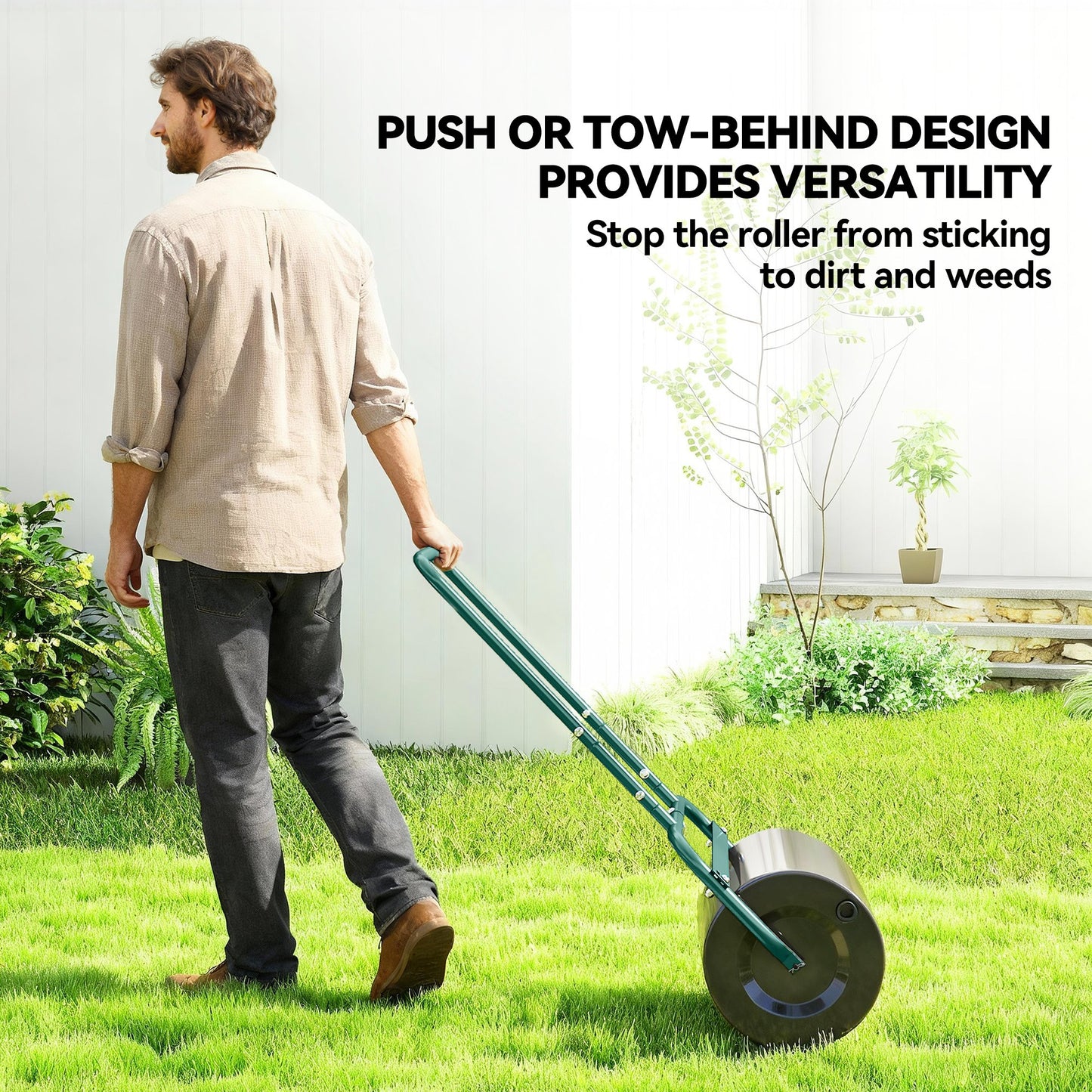 Heavy Duty Lawn Roller, 20" Push/Tow Behind Sod Roller, Grass Flattener Filled with 11gal Water/136lbs Sand, Green