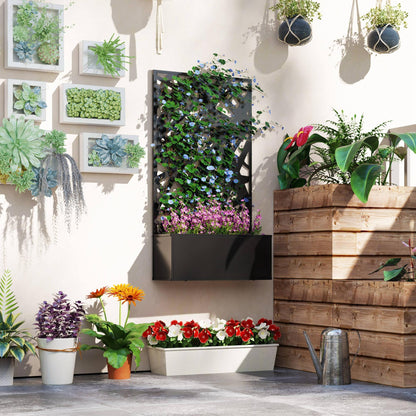 Raised Garden Bed with Trellis, Freestanding/Wall Mounted Metal Garden Box with Privacy Panel, Irregular Line Cut-Outs