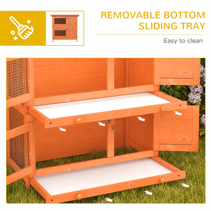 2-Tier Wooden Rabbit Hutch Small Animal House Bunny Pet Cage with 2 Main Rooms, Sliding Tray, Opening Top, Yellow