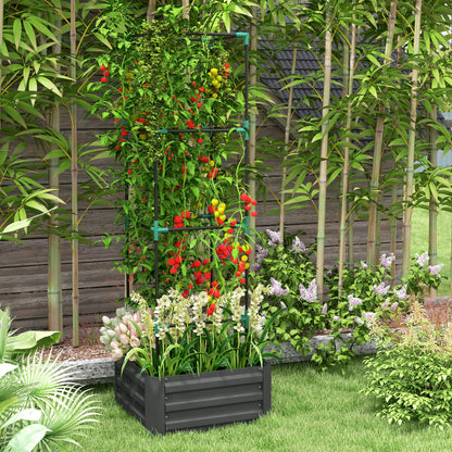 Galvanized Planter Box, Outdoor Raised Garden Bed with 4-Tier Trellis Tomato Cage for Climbing Vines, Vegetables, Grey