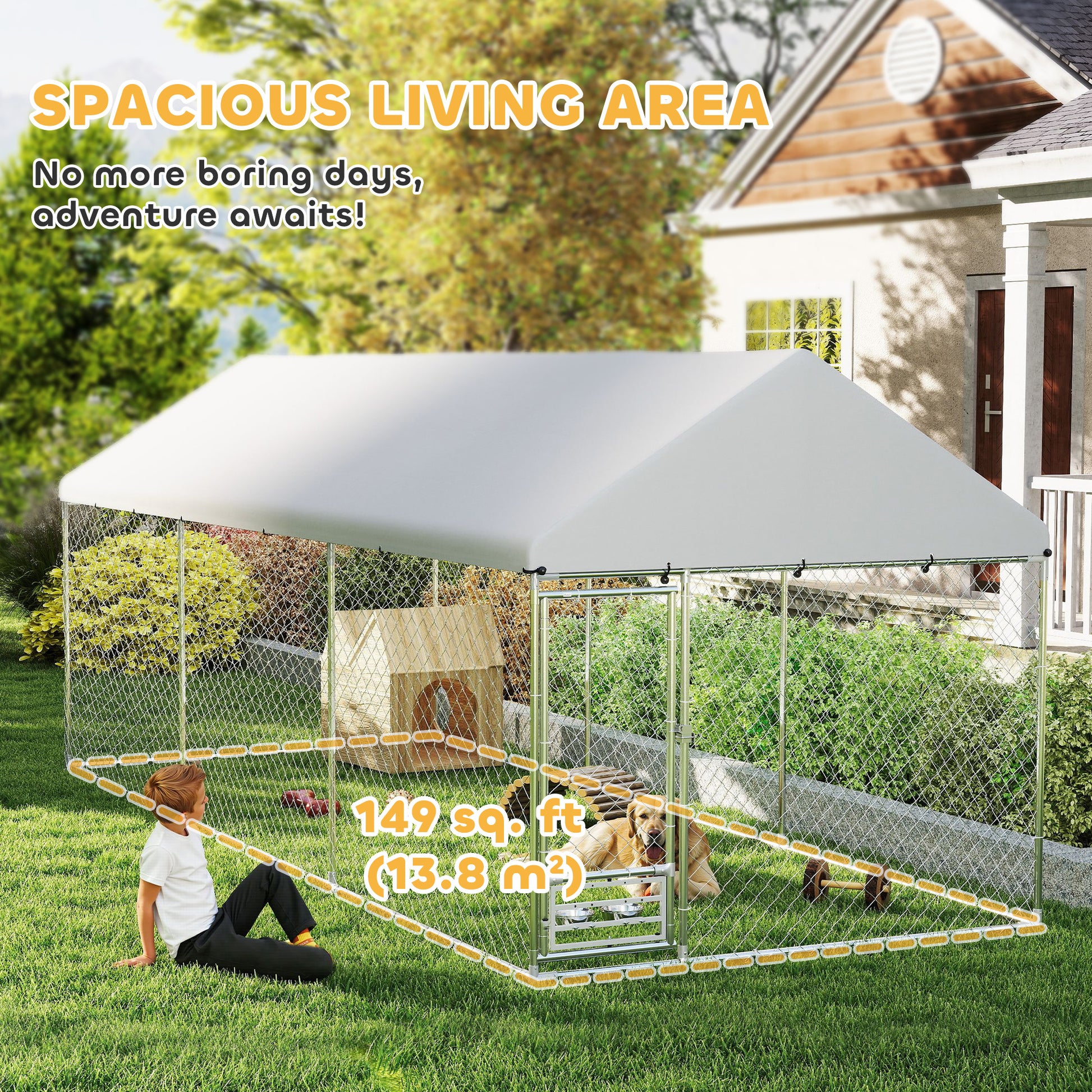 Outdoor Dog Run with Adjustable & Rotatable Bowls, Waterproof UV-Resistant Cover, Escape-Proof Lock, 19.7' x 7.5' x 7.5'