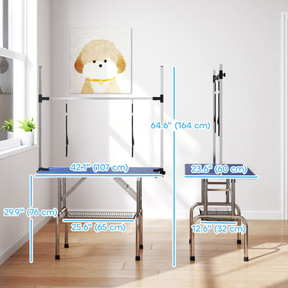 Adjustable Dog Grooming Table with 2 Safety Slings, Storage Basket, Blue