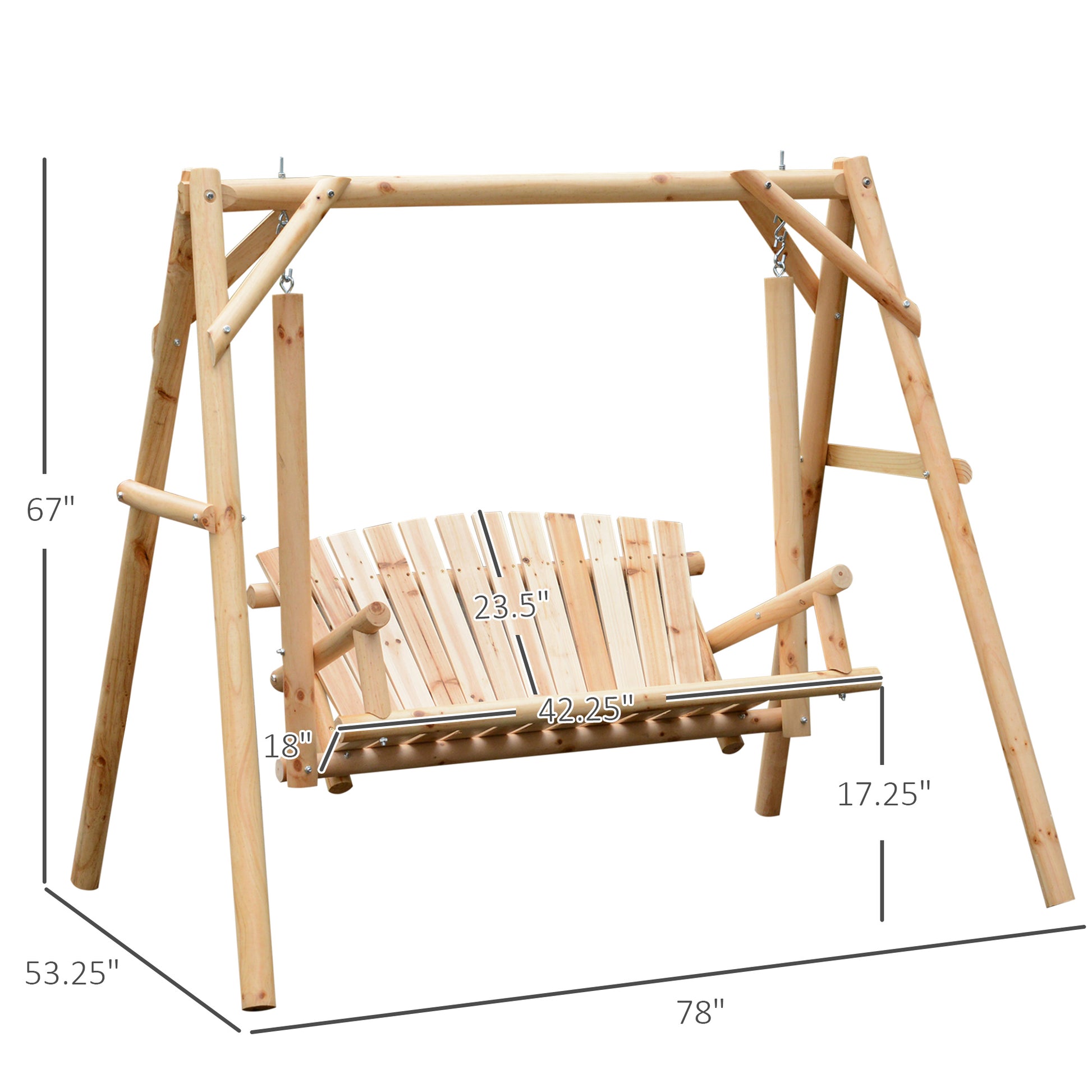Freestanding 6.5' Wooden Loveseat Traditional Farmhouse Style Log Swing Natural Wood