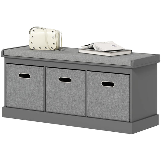 Shoe Storage Bench with Seat, Entryway Bench Seat with Cushion, 3 Fabric Drawers for Hallway, Dark Grey