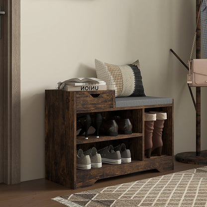Upholstered Shoe Storage Bench, Hallway Shoe Storage with Seat, Drawer, 3 Open Shelves for Entryway, Rustic Brown