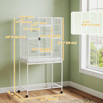 64" Large Rolling Bird Cage Bird House with Detachable Rolling Stand, Storage Shelf, Wood Perch Food Container, White