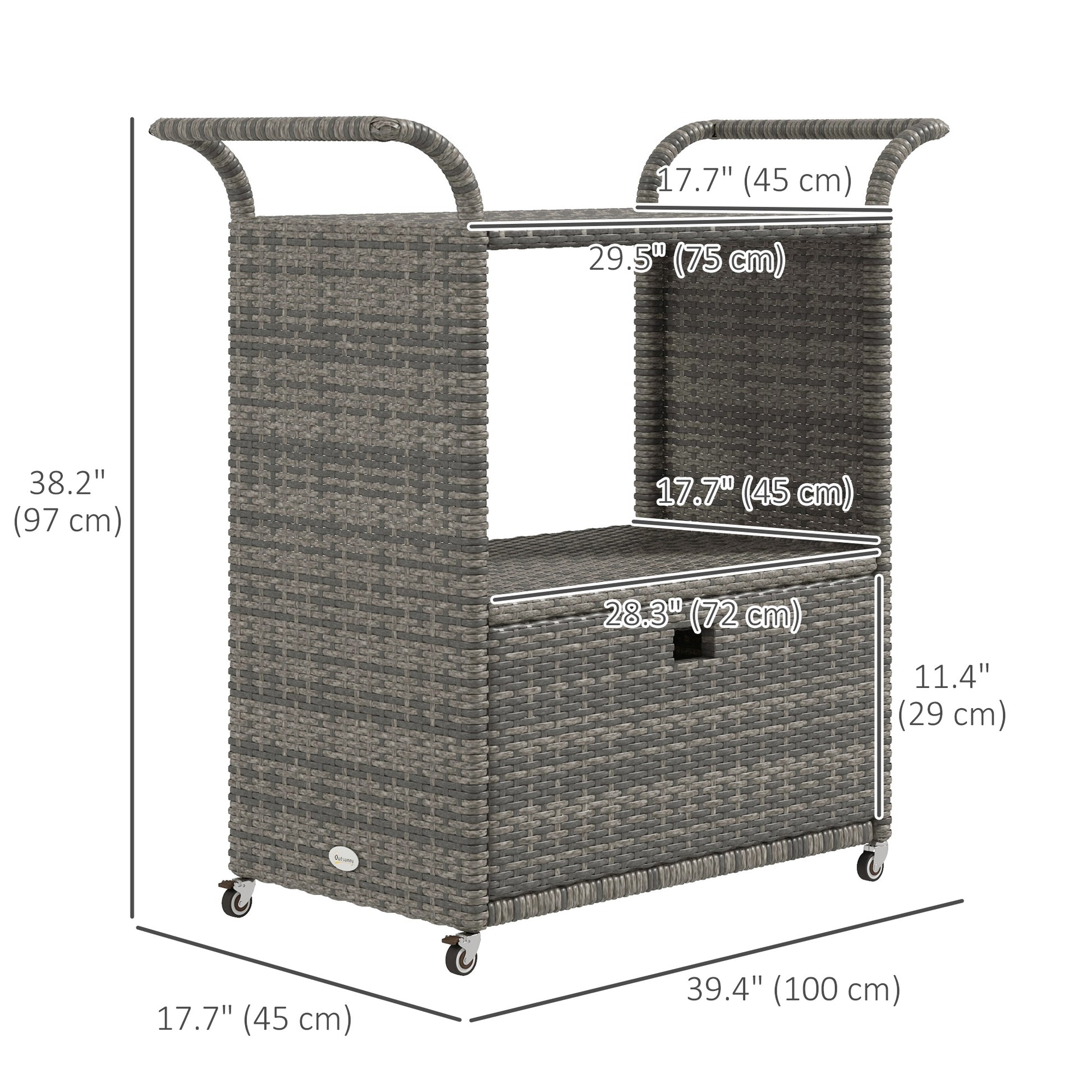 Patio PE Wicker Garden Serving Cart with 2-Tier Shelf, Outdoor Wheeled Rattan Food Cart with Drawer, Handles, for Poolside, Garden, Mixed Grey