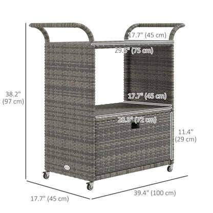 Patio PE Wicker Garden Serving Cart with 2-Tier Shelf, Outdoor Wheeled Rattan Food Cart with Drawer, Handles, for Poolside, Garden, Mixed Grey