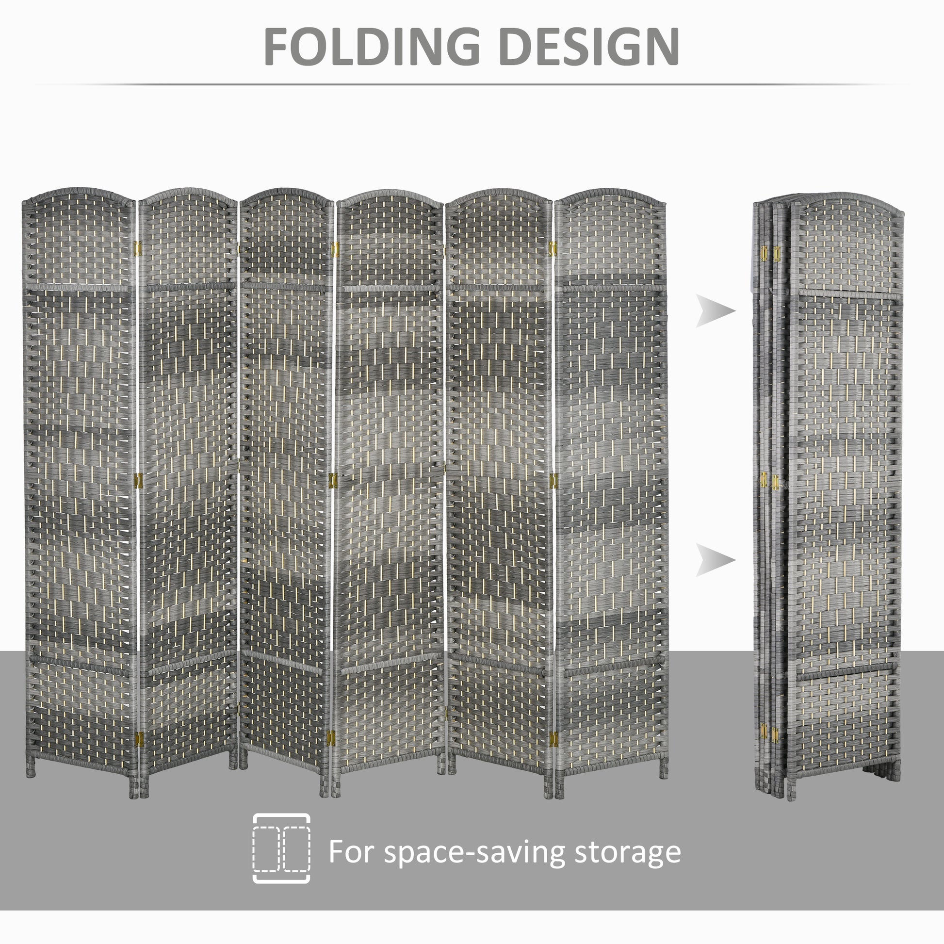 6 Ft Tall Folding Room Divider, 6 Panel Portable Privacy Screen, Hand-Woven Partition Wall Divider, Mixed Grey