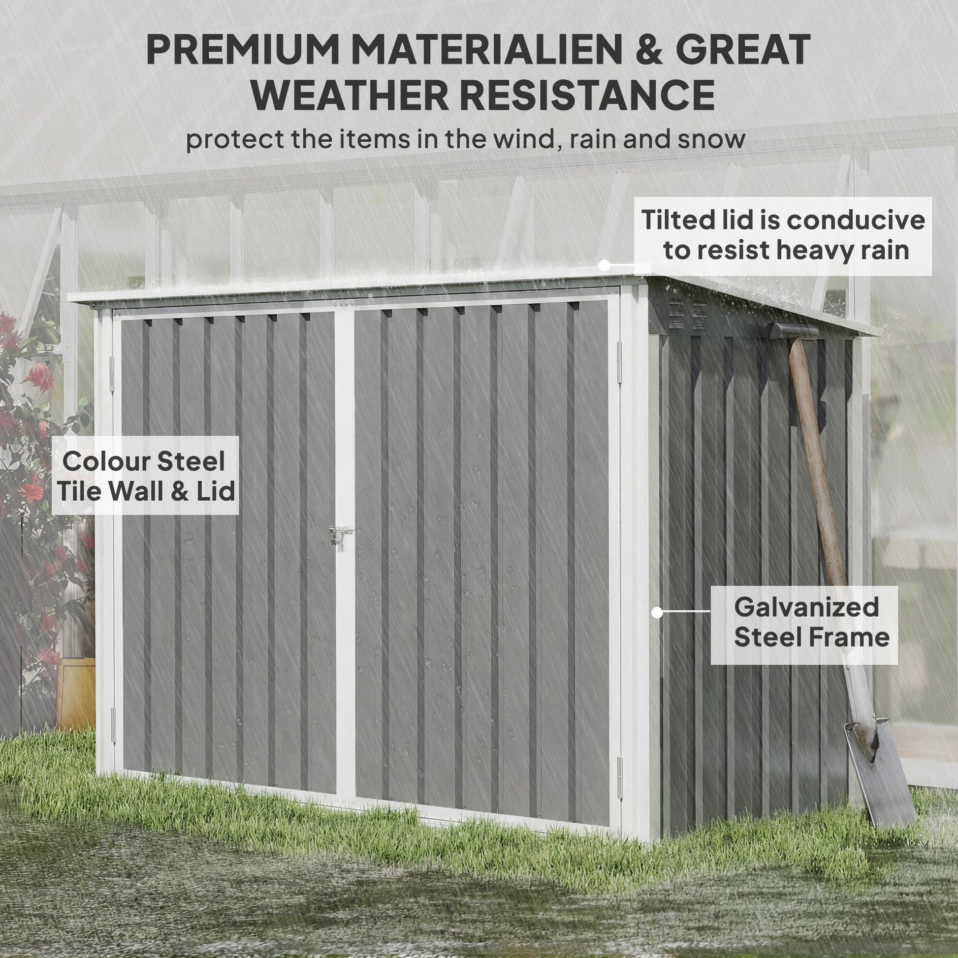 Outdoor Metal Storage Shed Garden Garbage Can Organizer with Double Door and Vents for 2 Trash Cans, Light Grey