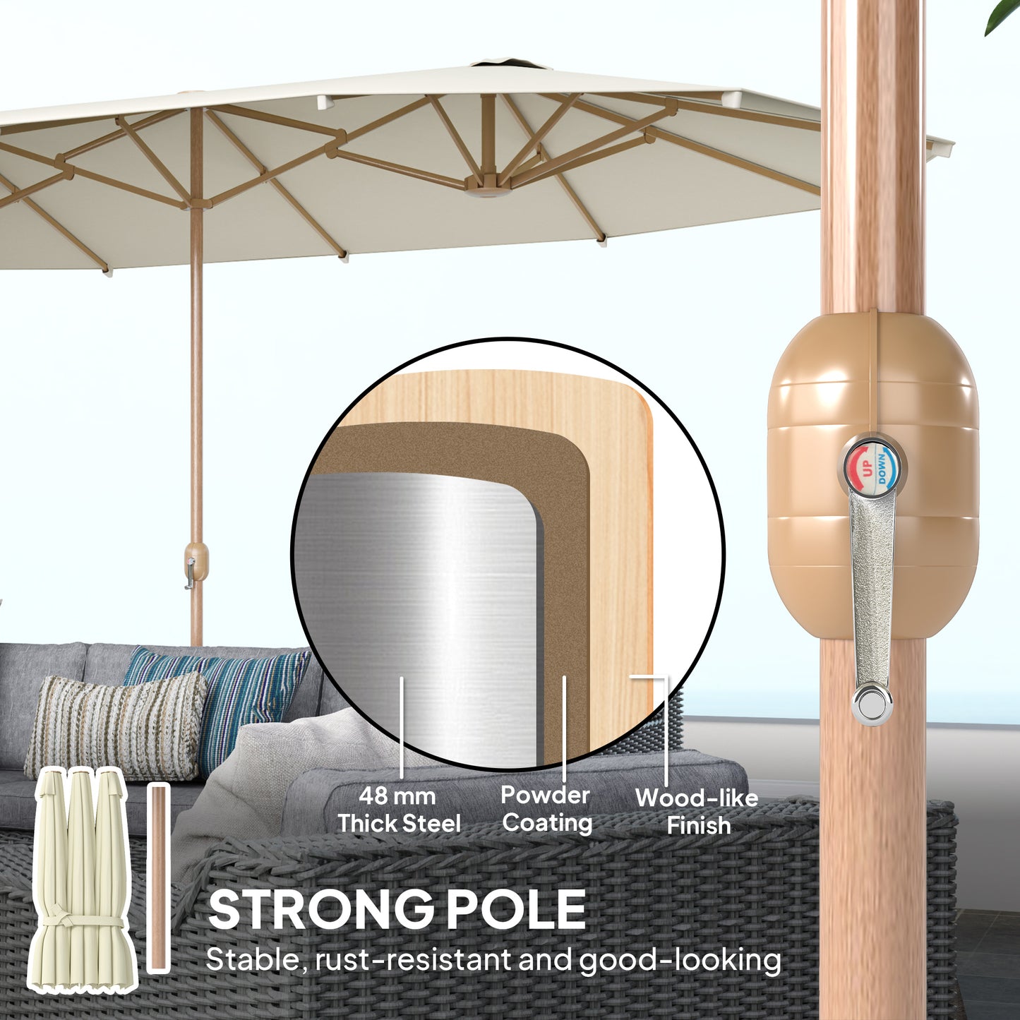 Double Garden Parasol 179.1"W x 104.3"D with Crank, 12 Steel Ribs & 180g/㎡ Polyester, UV30+ Protection, Beige