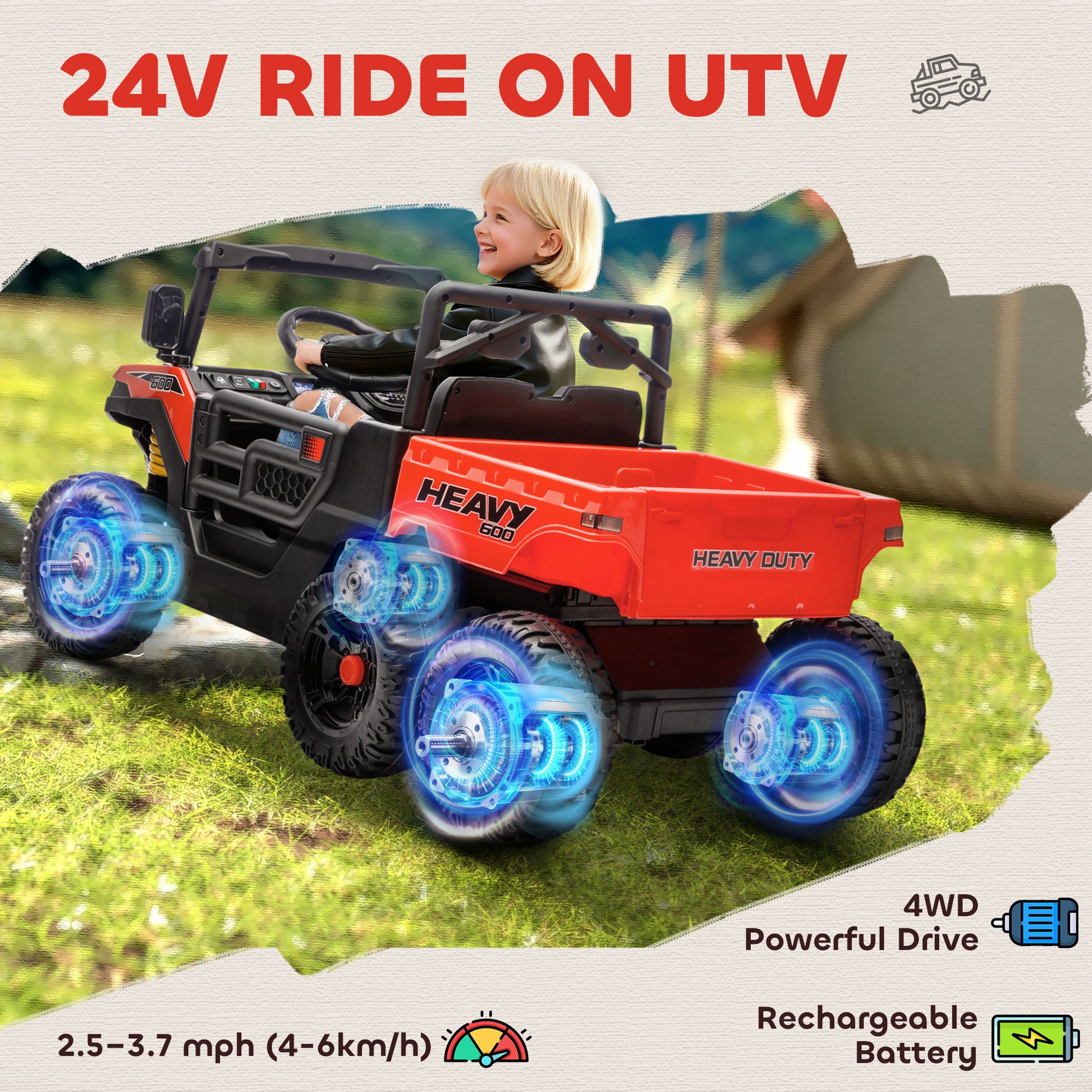 Qaba 24V 4WD Kids Ride On Truck with 6 Wheels Electric Ride On Car with Remote, Dump Bed for 3-6 Years, Red
