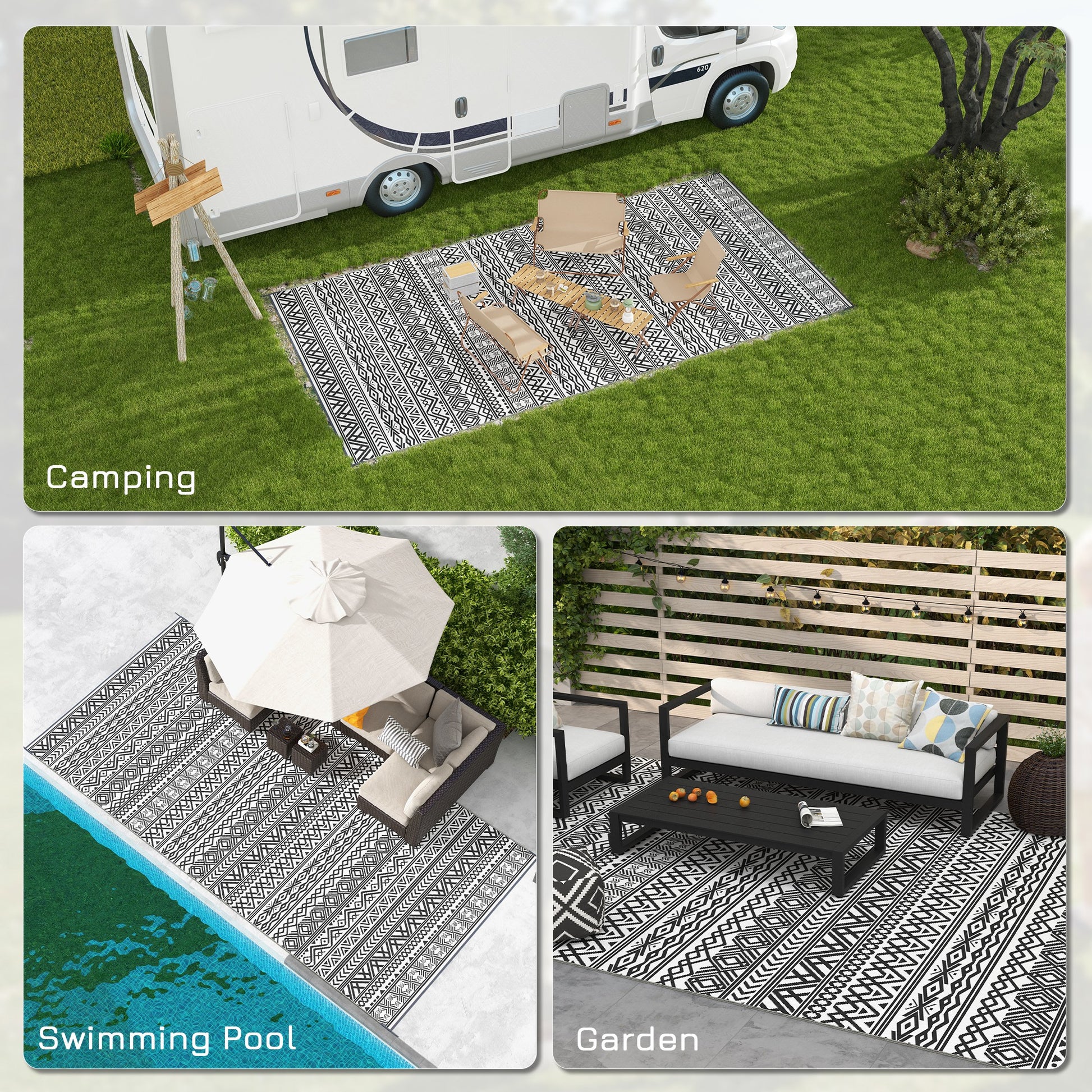 Reversible Outdoor Rug Waterproof Plastic Straw RV Rug with Carry Bag, 9' x 18', Grey and Cream White Boho