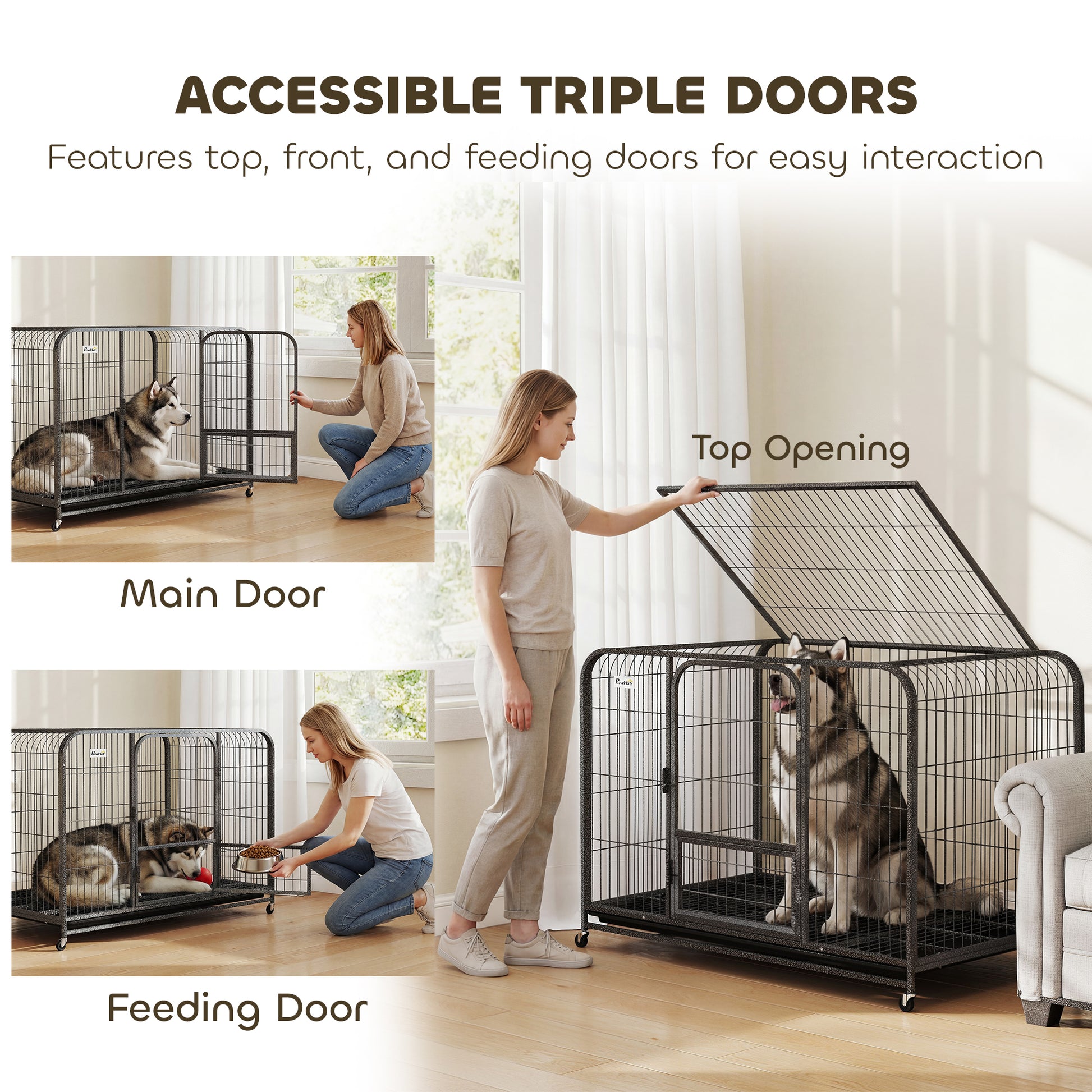 48 Inch Heavy Duty Dog Crate, Large Metal Dog Cage with Lockable Wheels and Removable Tray