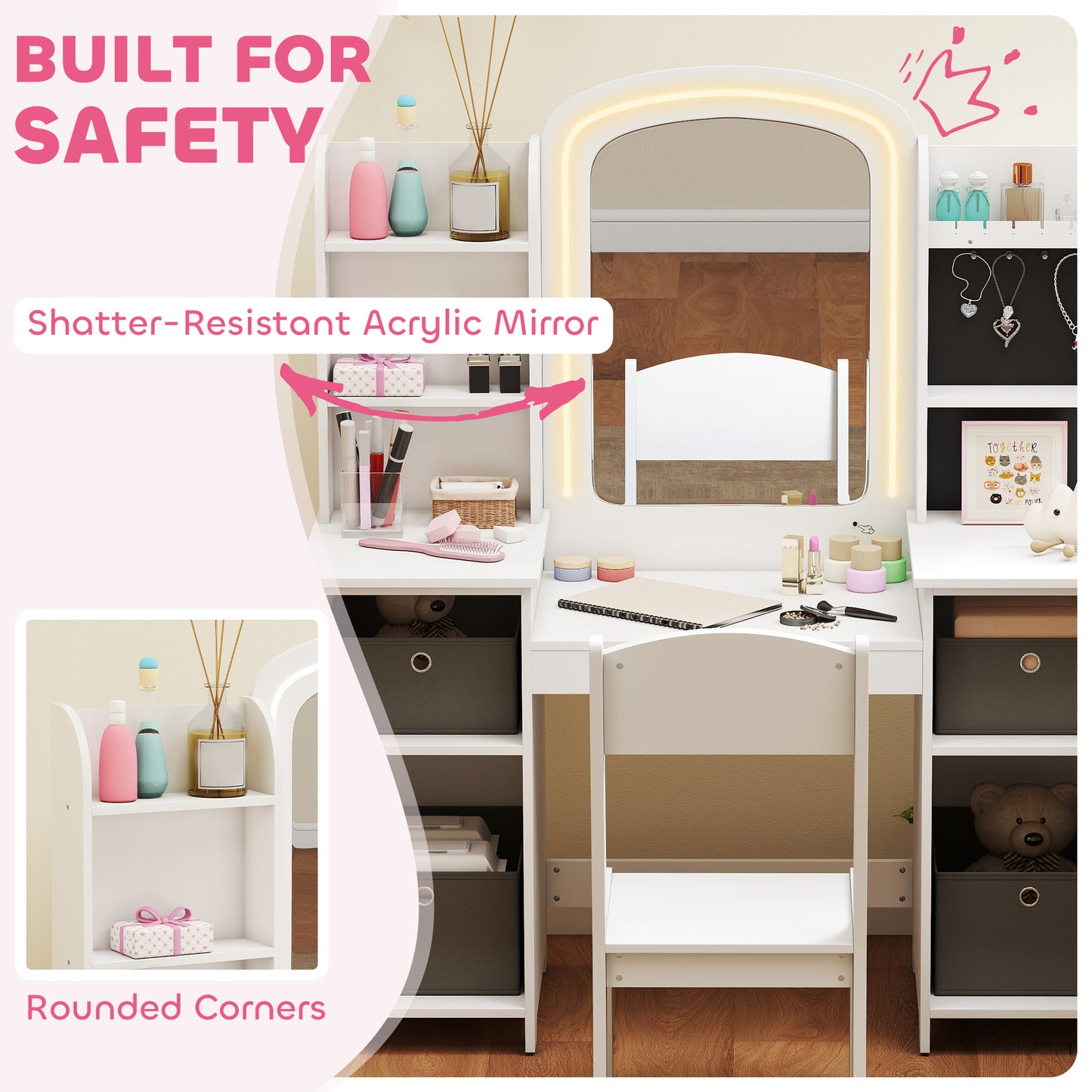 Qaba Kids Vanity Table and Chair, Toddler Dressing Table and Chair Set with Lighted Mirror for Little Girls, White