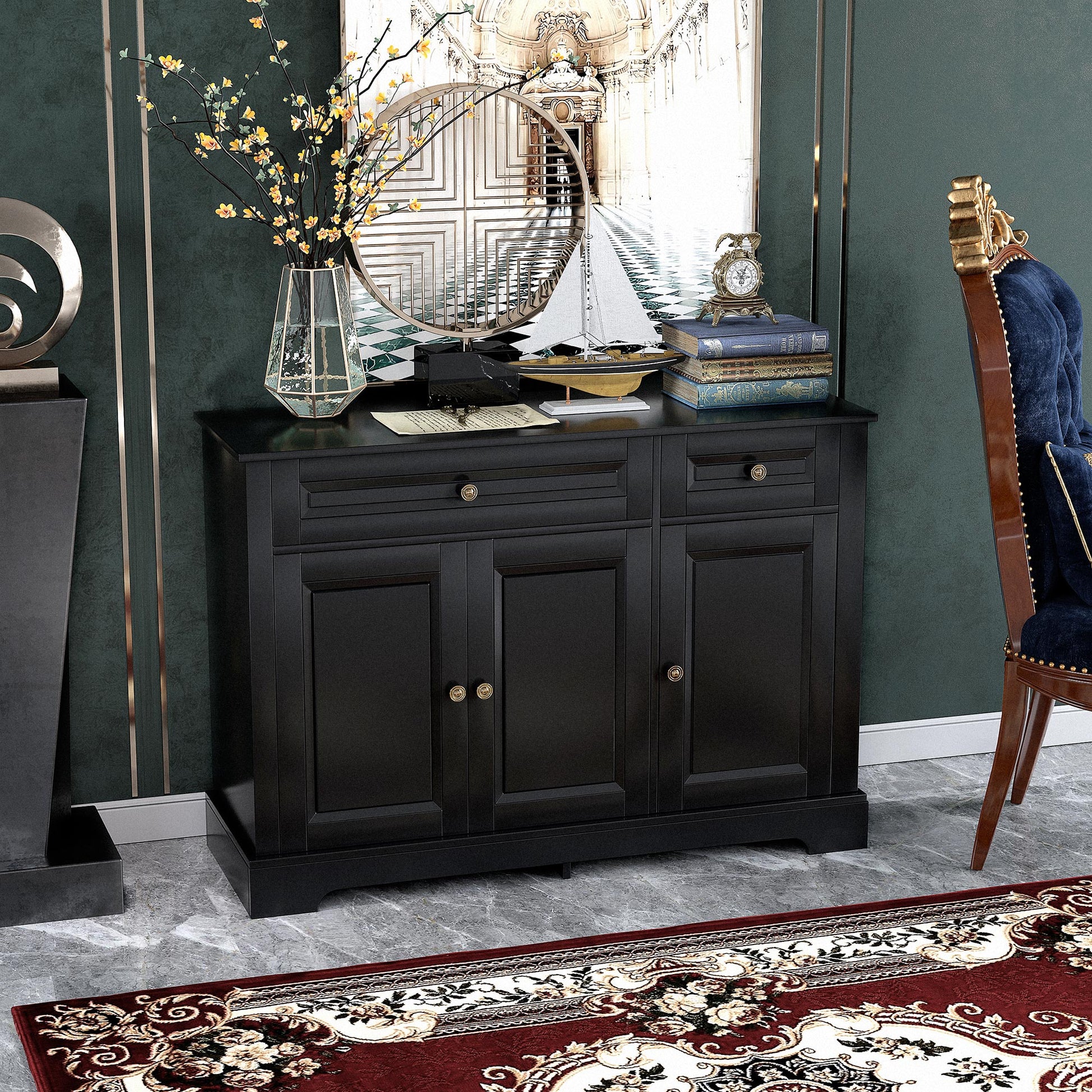 Modern Sideboard Cabinet, Buffet Cabinet with 2 Drawers and Adjustable Shelves, Buffets Tables for Dining Room, Black