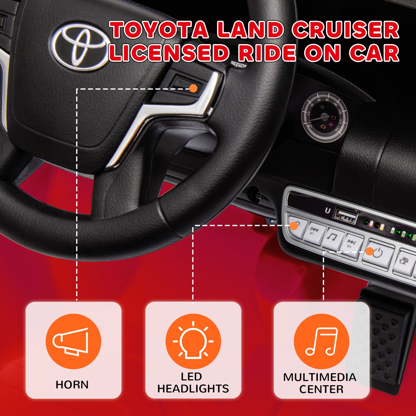 Qaba 12V Toyota LAND CRUISER Licensed Kids Car w/ Remote Control, Four Wheel Spring Suspension, Soft Start, LED Light, Red