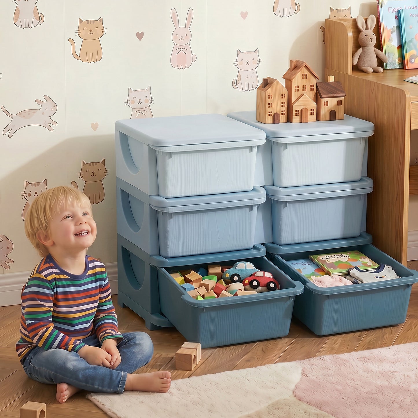Qaba 3 Tier Kids Toy Organizer and Storage Bins with 6 Plastic Drawers, Blue