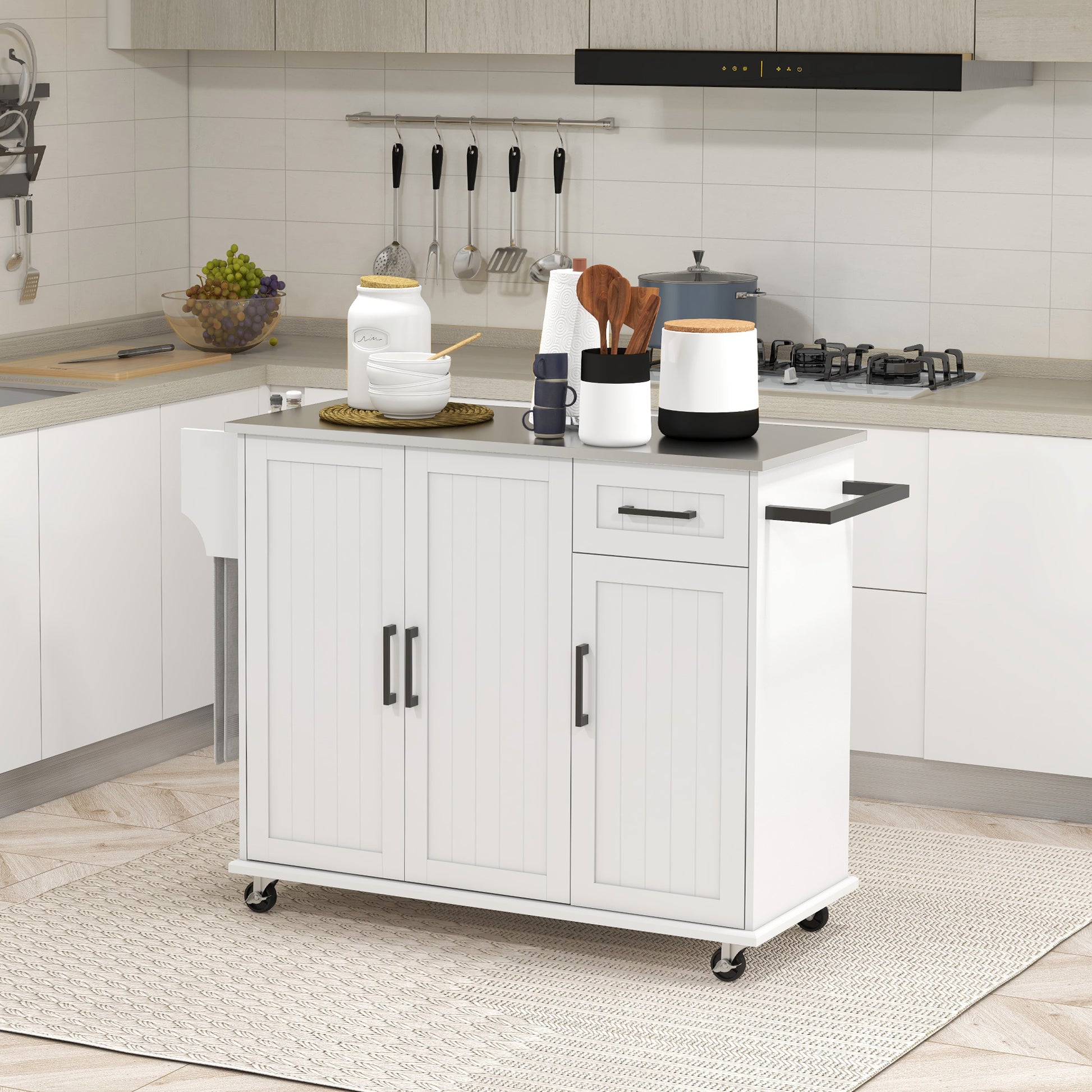 Kitchen Island with Storage, Rolling Kitchen Cart on Wheels, Kitchen Island with Storage, Drawer, 3 Cabinets, Stainless Steel Countertop, Spice Rack and Towel Rack, White