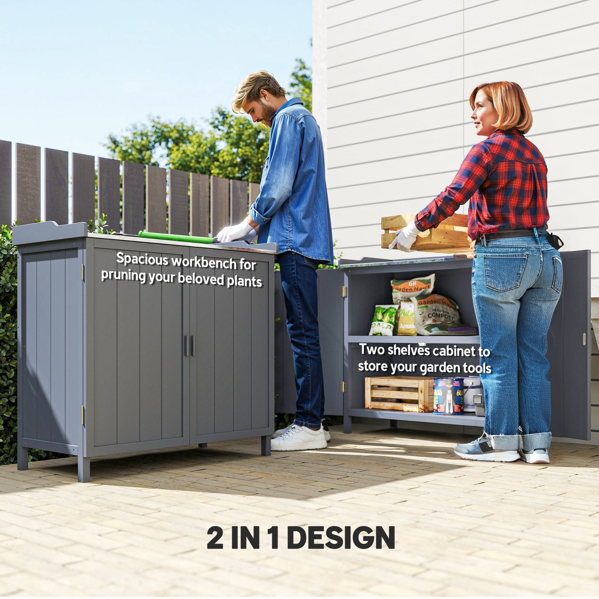 Garden Storage Cabinet, Outdoor Potting Bench Table with Galvanized Top and Shelf, Tool Shed with Double Doors, Grey