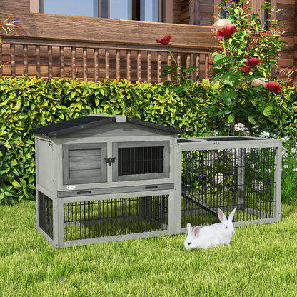 Wood Rabbit Hutch w/ Ramp, Openable Roof, Pull-out Tray, Light Grey