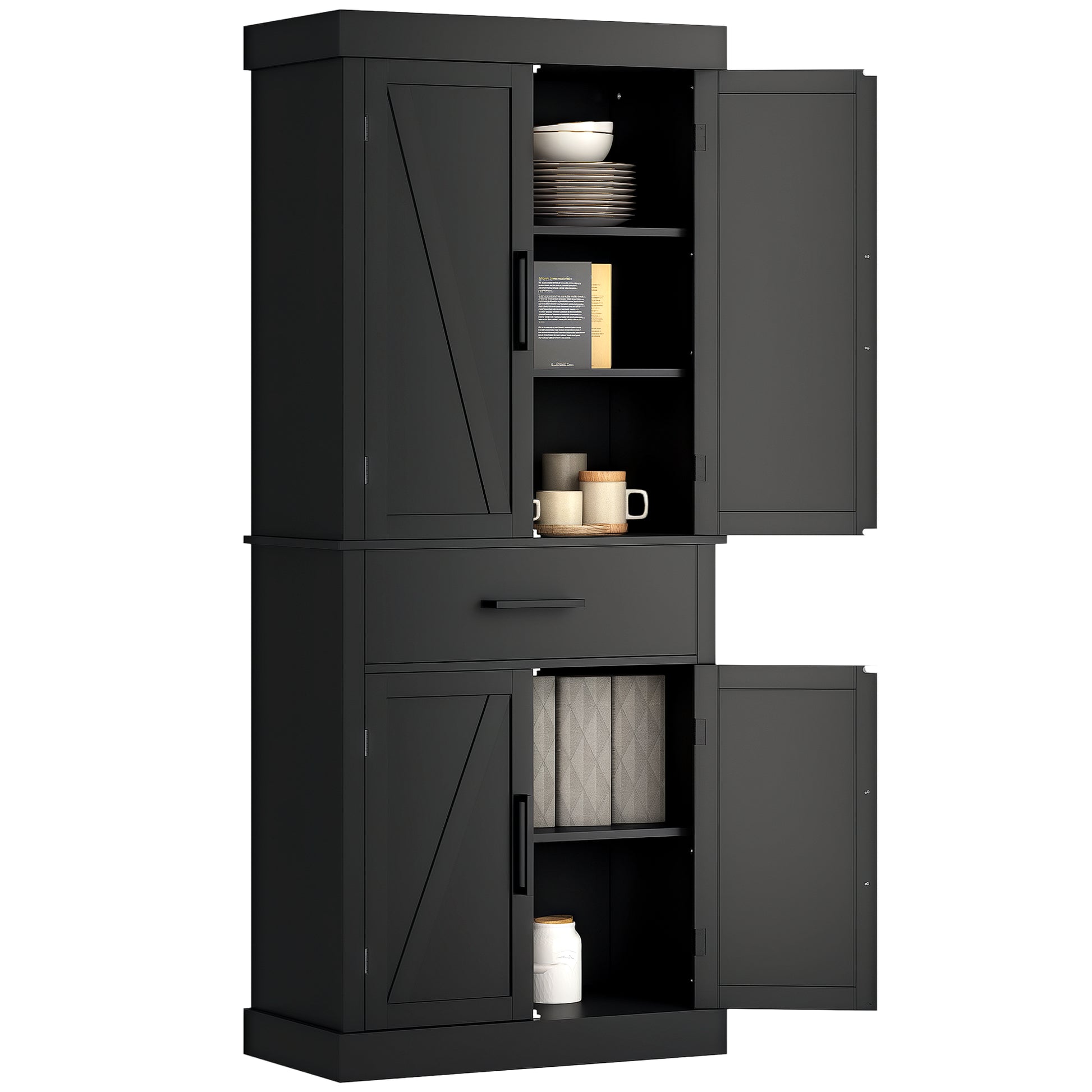 72" Kitchen Storage Cabinet, Farmhouse Kitchen Pantry Cabinet with 4 Barn Doors, Drawer, Adjustable Shelves, Black