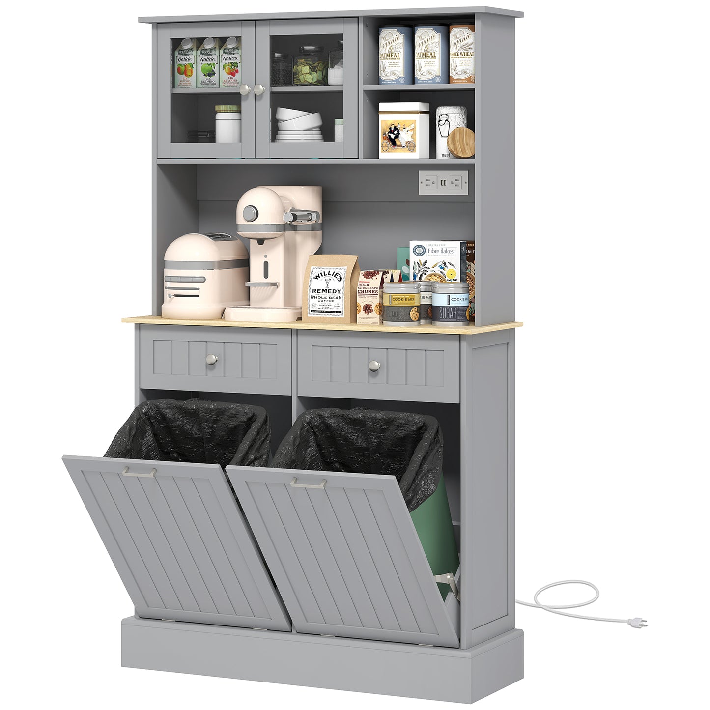 Kitchen Cabinet with Charging Station, 2 Tilt Out Cabinets, Microwave Stand, Freestanding Kitchen Pantry Cabinet, Grey
